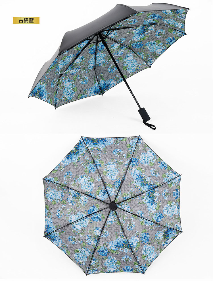 古瓷蓝色时尚手绘花防晒折叠伞