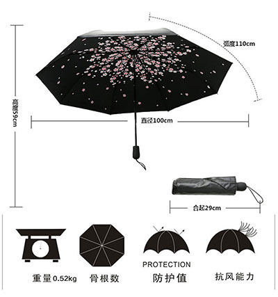 全自动樱花黑胶晴雨折叠伞产品参数