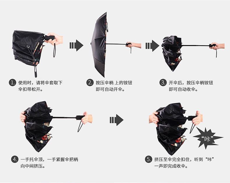 全自动樱花黑胶晴雨折叠伞使用流程