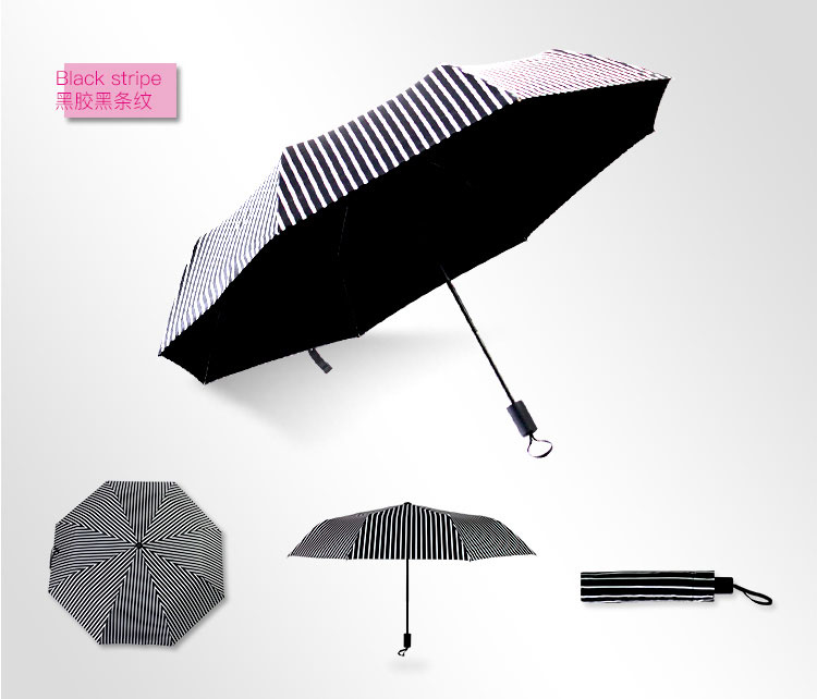22寸黑胶黑条纹晴雨两用折叠伞各角度展示