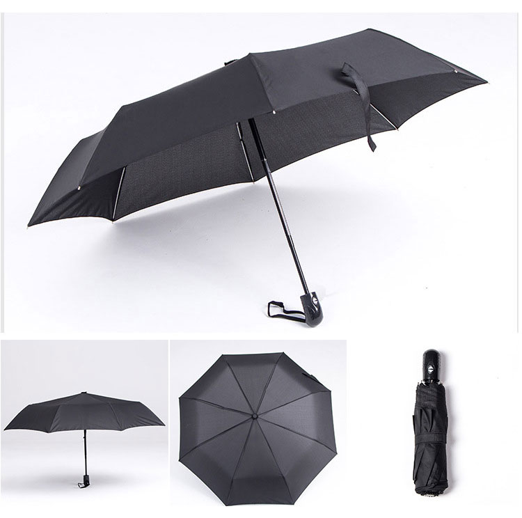 黑色款式的三折超轻纯色折叠伞各角度展示