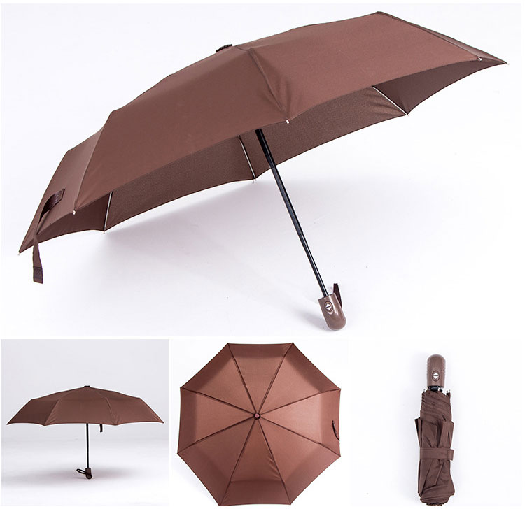 咖啡色款式的三折超轻纯色折叠伞各角度展示