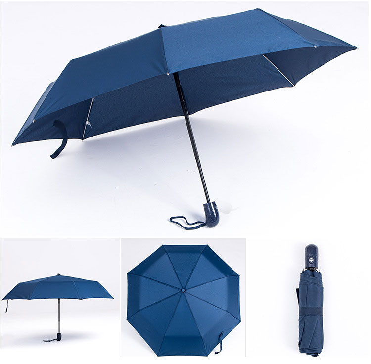 藏青色款式的三折超轻纯色折叠伞各角度展示