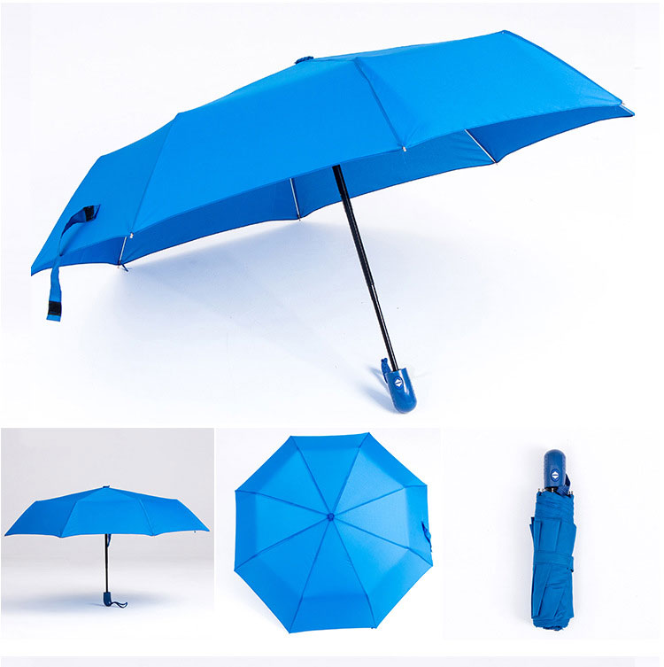 蓝色款式的三折超轻纯色折叠伞各角度展示