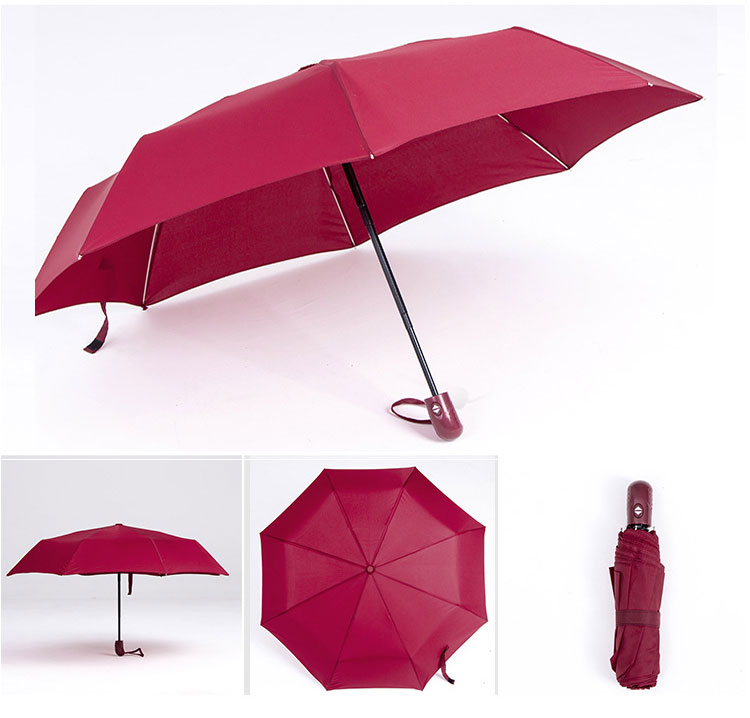 红色款式的三折超轻纯色折叠伞各角度展示