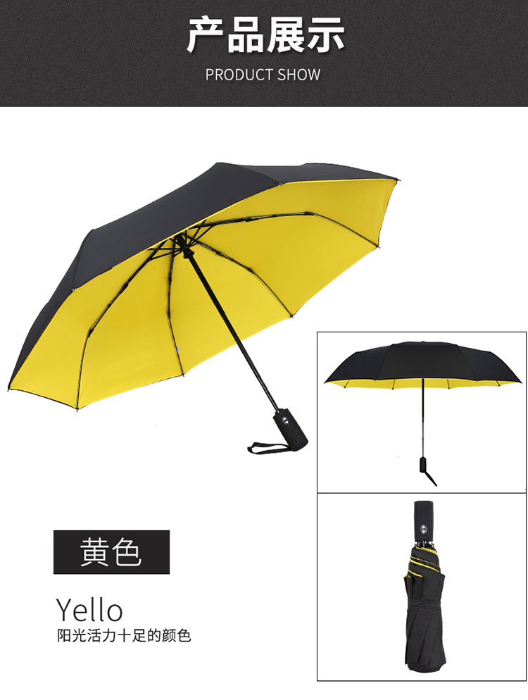 黄色款式的全自动双层商务折叠伞各角度展示