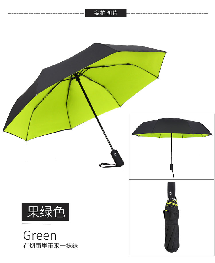 果绿色款式的全自动双层商务折叠伞各角度展示