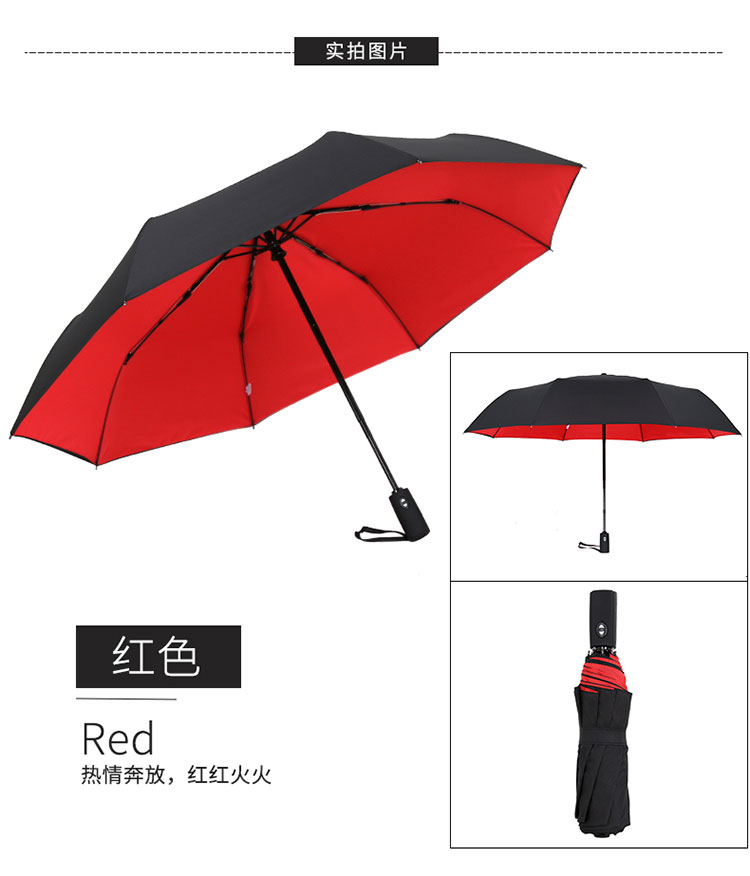 红色款式的全自动双层商务折叠伞各角度展示